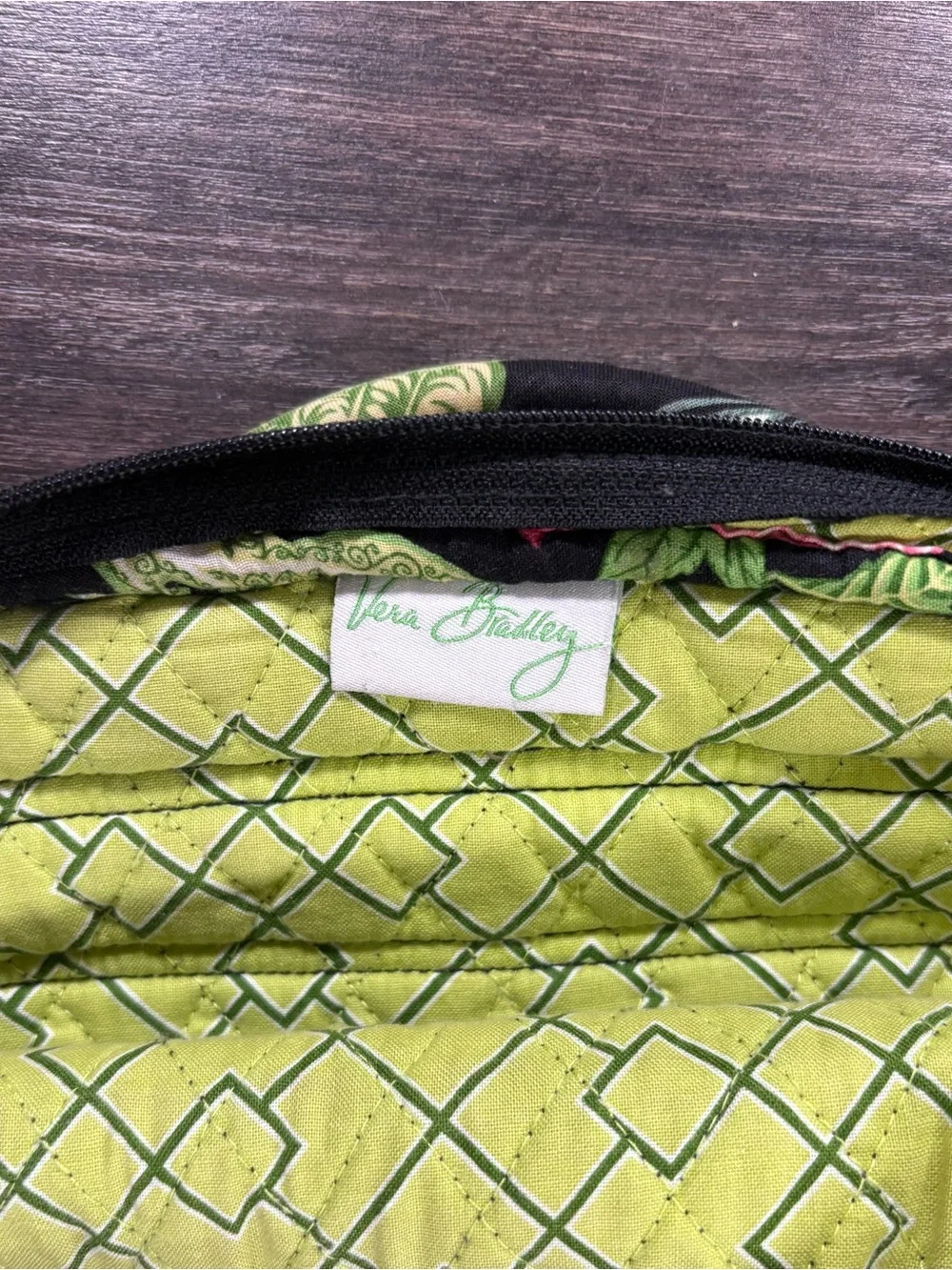 Vera Bradley Black Floral Quilted Backpack with Pink and Green Accents